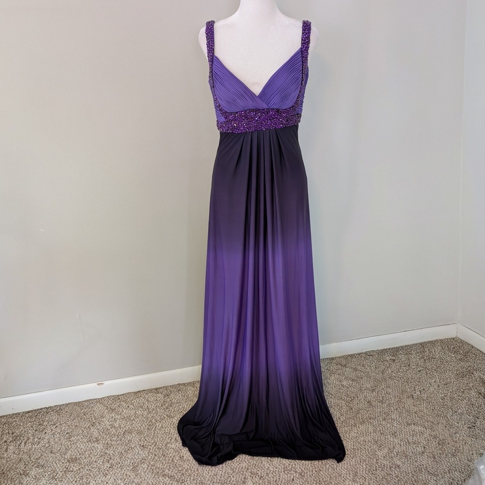 Jovani Purple Ombre Formal Maxi Dress SIZE 8 Prom Evening Gown Beaded Empire